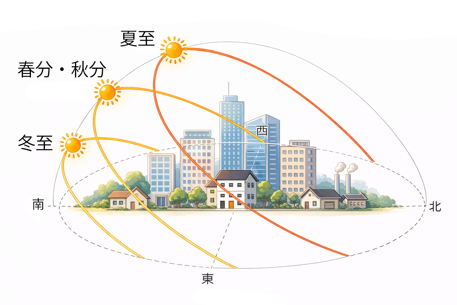 太陽の軌道（夏至・春秋分・冬至）